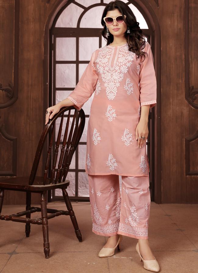 Cotton Peach Casual Wear Chikankari Embroidery Readymade Kurti With Plazzo